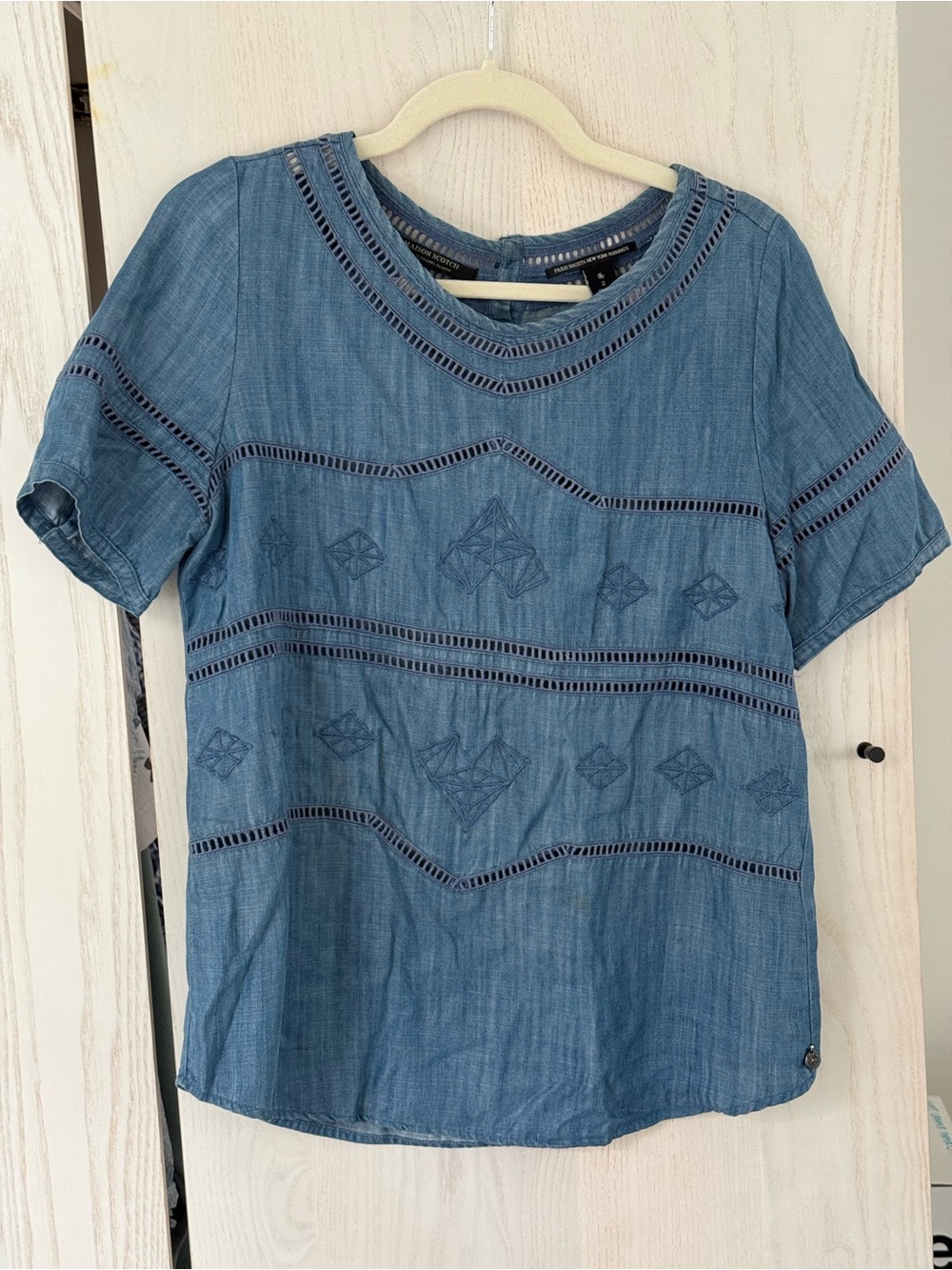 Scotch & Soda Denim-Blue Embroidered Short Sleeve Blouse
